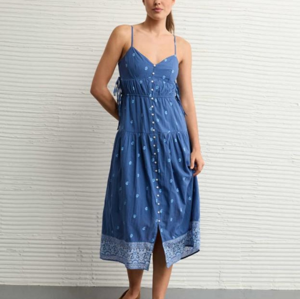 American Eagle Dress NWT Size L Midi Maxi Blue Floral Lined Buttons Thin Straps